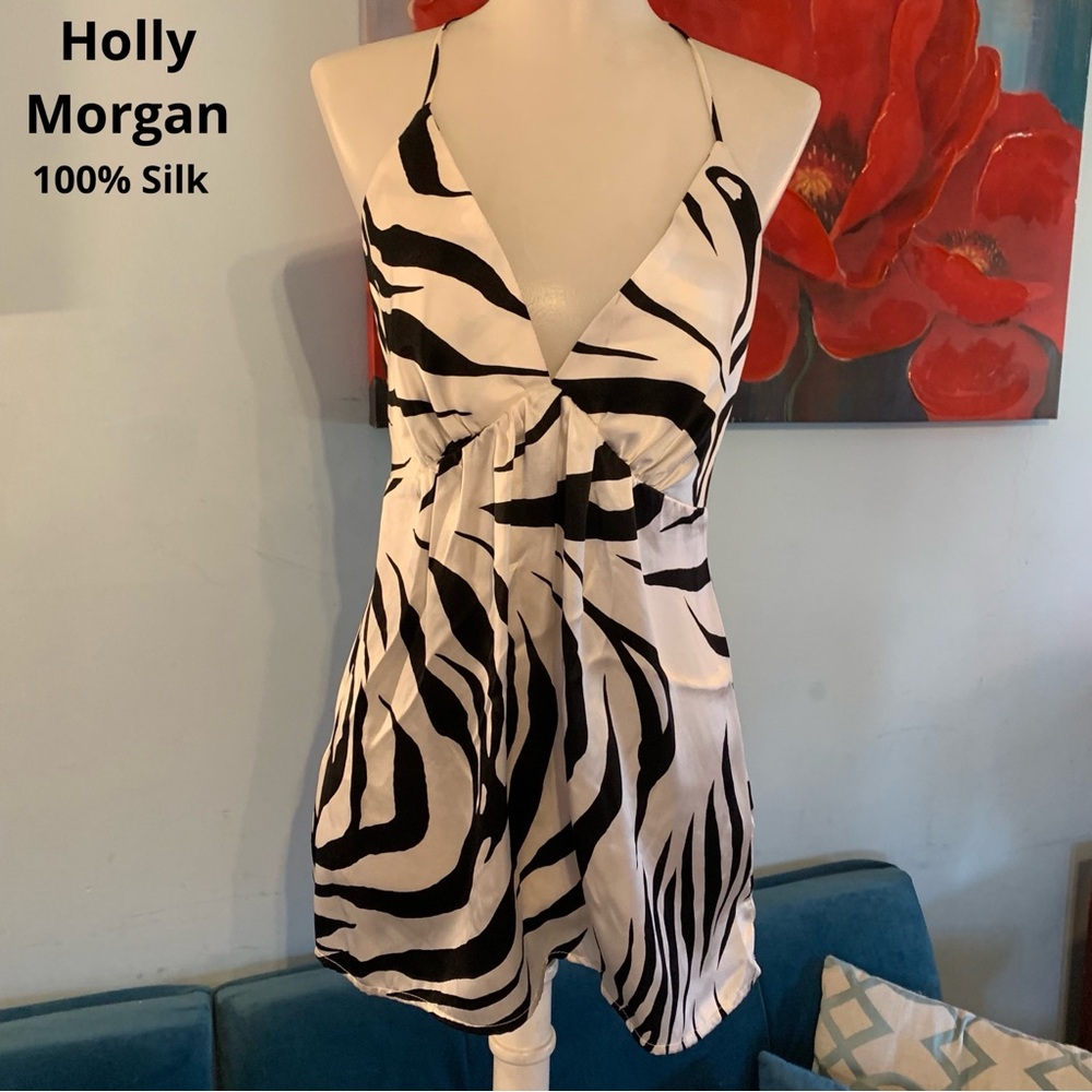 Holly Morgan Top 100% Silk Blouse Halter V Neck Size 6 Zebra Racer Back Mobwife